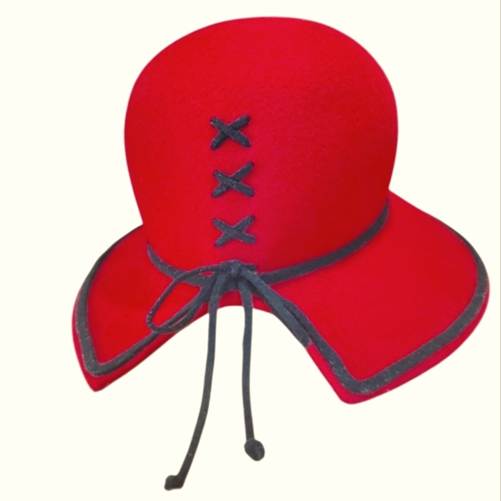 Liz Claiborne Red Wool Cloche Hat with Black Trim.
